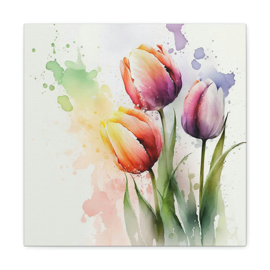 colorful watercolor tulips canvas, pink and purple tulip wall decor, modern floral art print