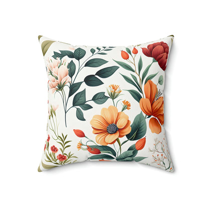 Red and orange floral accent throw pillow on a couch, Red and orange botanical couch pillow on a chair, Red and orange floral pattern pillow on a lounger, Red and orange spring garden floral decorative pillow on a bed