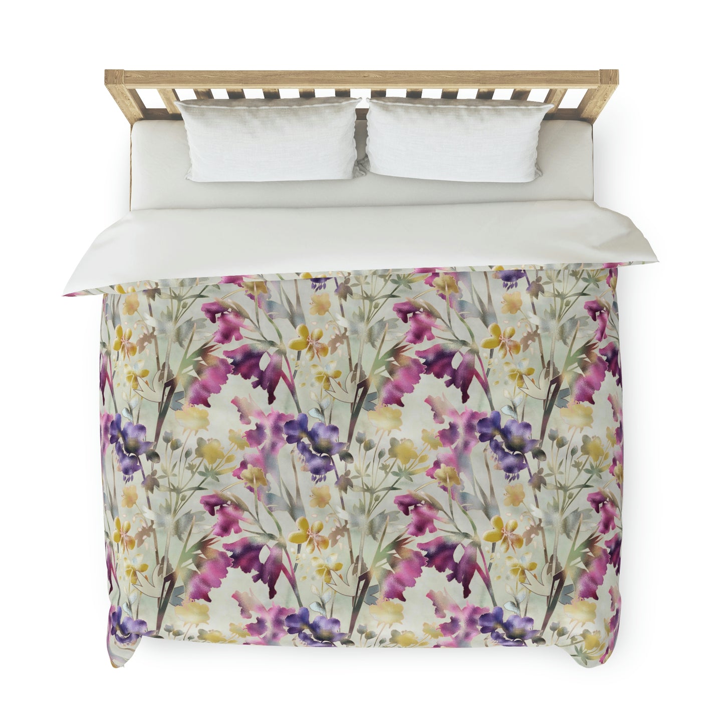 Green, Pink & Purple Floral Duvet Cover lying on a bed, microfiber floral duvet cover bedroom accent