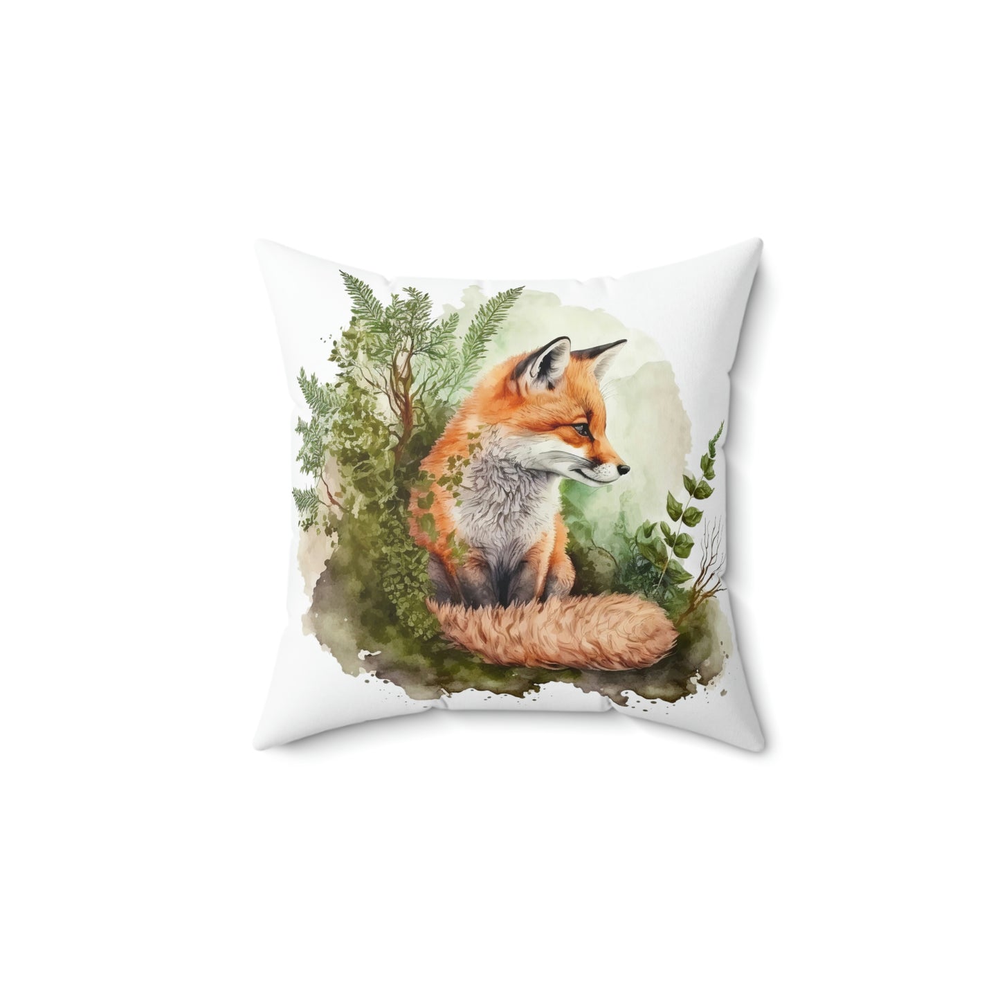 woodland fox watercolor design on an accent throw pillow, fox theme throw pillow sitting on a living room couch, fox inspired home decor, orange fox watercolor painting throw pillow sitting on a chair