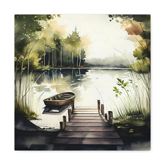 rowboat on the water canvas art print on an easel, riverboat canvas wall decoration in a coastal theme room, riverboat canvas hanging on a wall