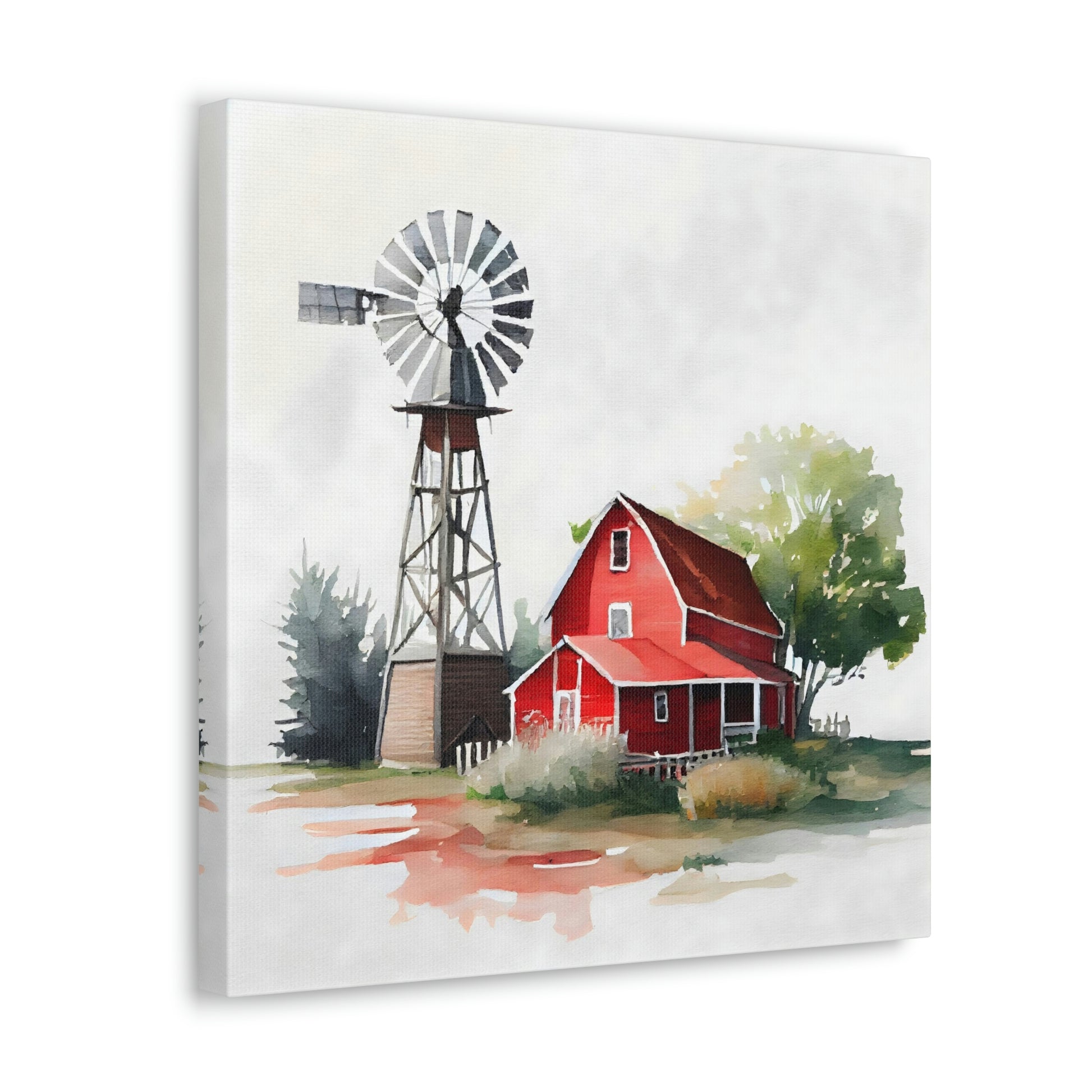 red barn with a windmill on a canvas sitting on an easel, farmhouse canvas art in a studio, red barn artwork decorating a wall in your home decor