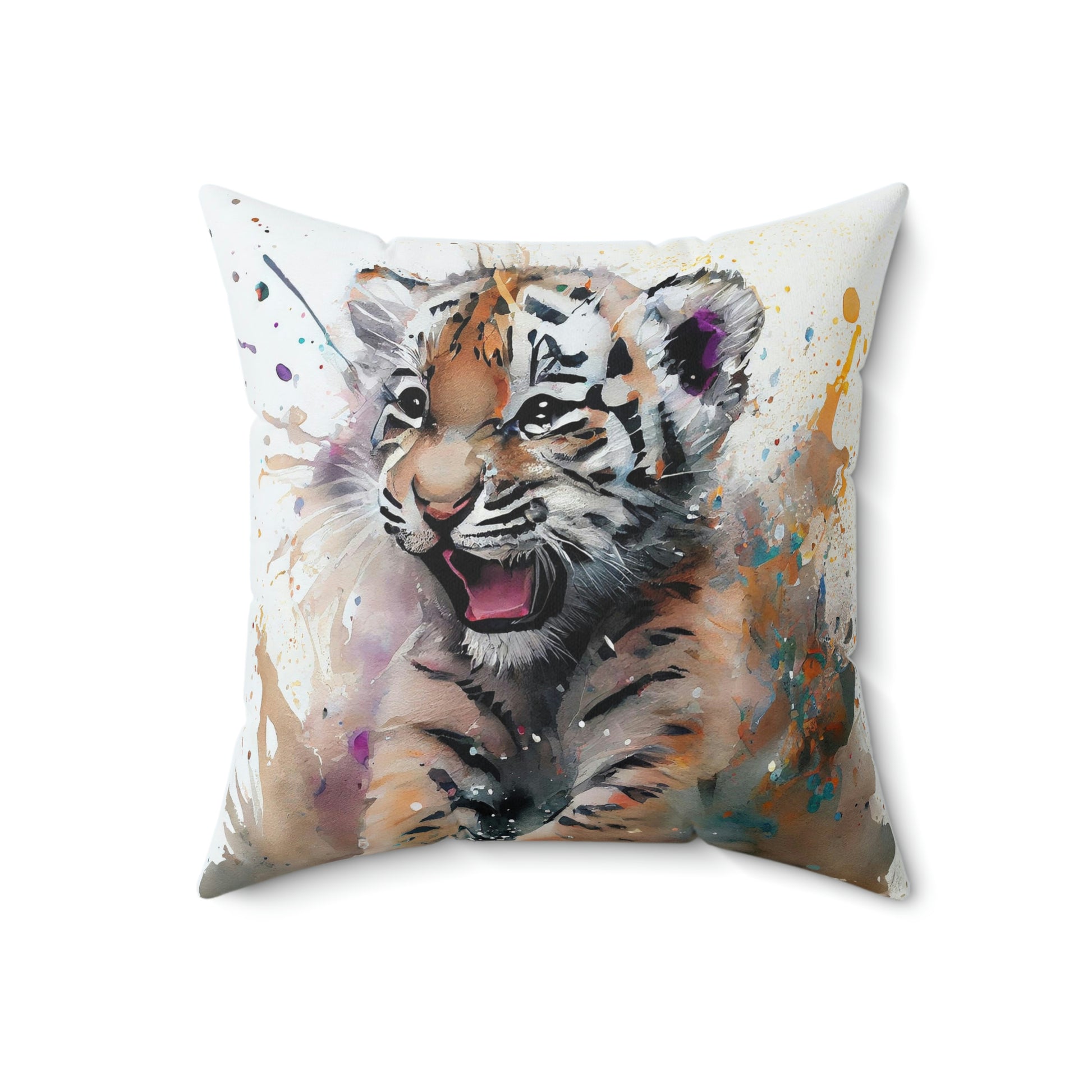tiger pillow with a beautiful watercolor design to accent your couch or chair, throw pillow with a cute tiger cub design, tiger pillow sitting on a couch in a living room