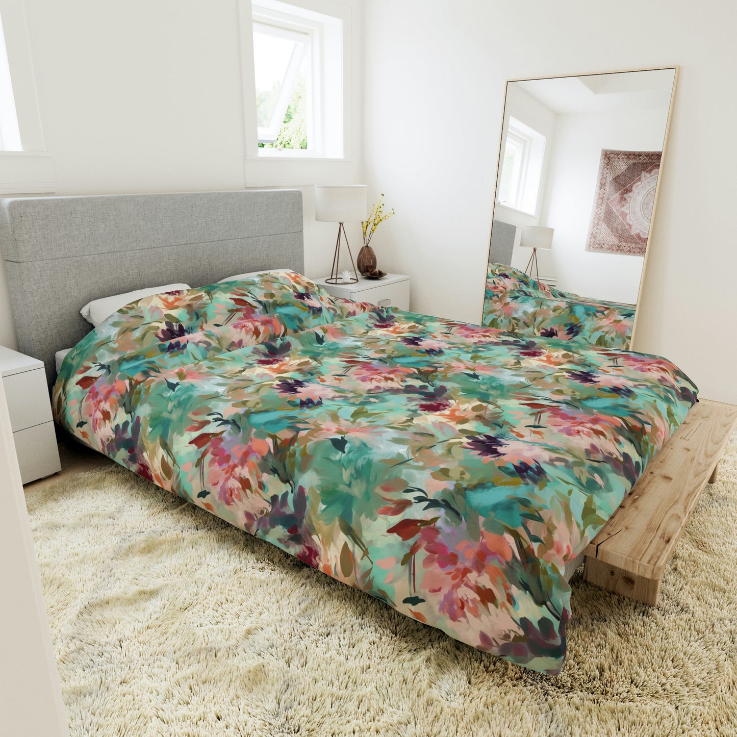 multicolor green and pink and purple floral duvet cover, green and purple floral duvet cover on bed, duvet cover with green, pink and purple abstract floral designs