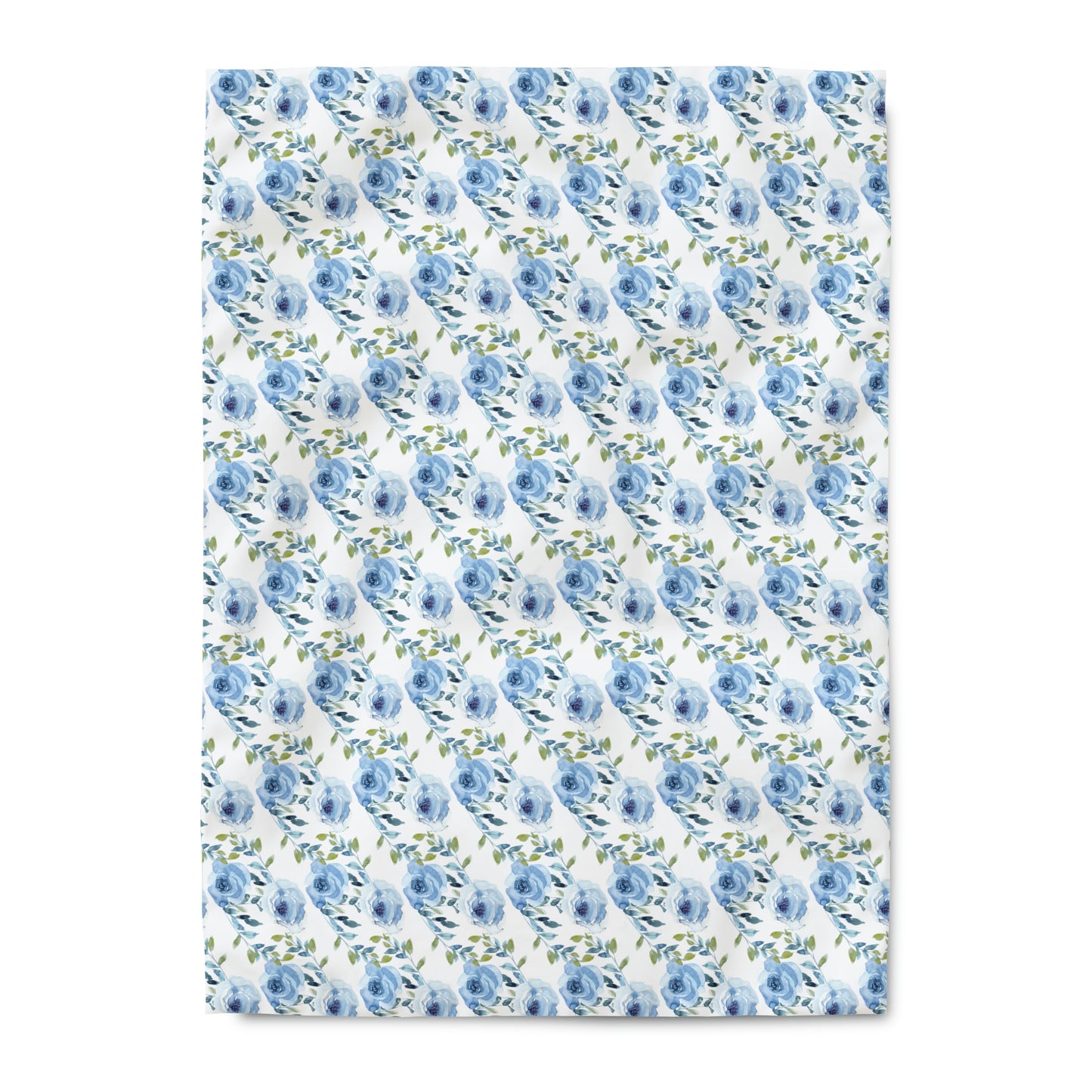 Watercolor Blue Roses Floral Pattern Duvet Cover lying on a bed, microfiber duvet cover bedroom accent