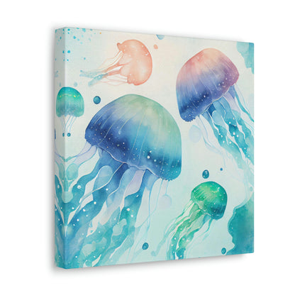 blue jellyfish canvas wall art decor, green jellyfish watercolor canvas wall art, watercolor blue and green jellyfish in the ocean on canvas