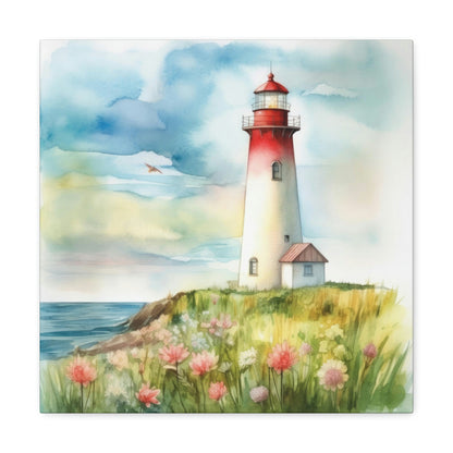 lighthouse by field of flowers art print, lighthouse canvas art, nautical theme lighthouse by the sea