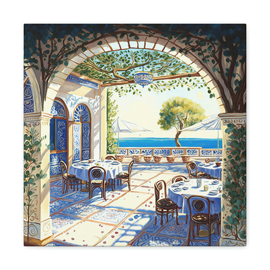 Greek canvas art, mediterranean ocean view canvas wall hanging in a coastal theme room, greek cafe canvas coastal wall decor, blue cafe canvas print with a greek cafe 