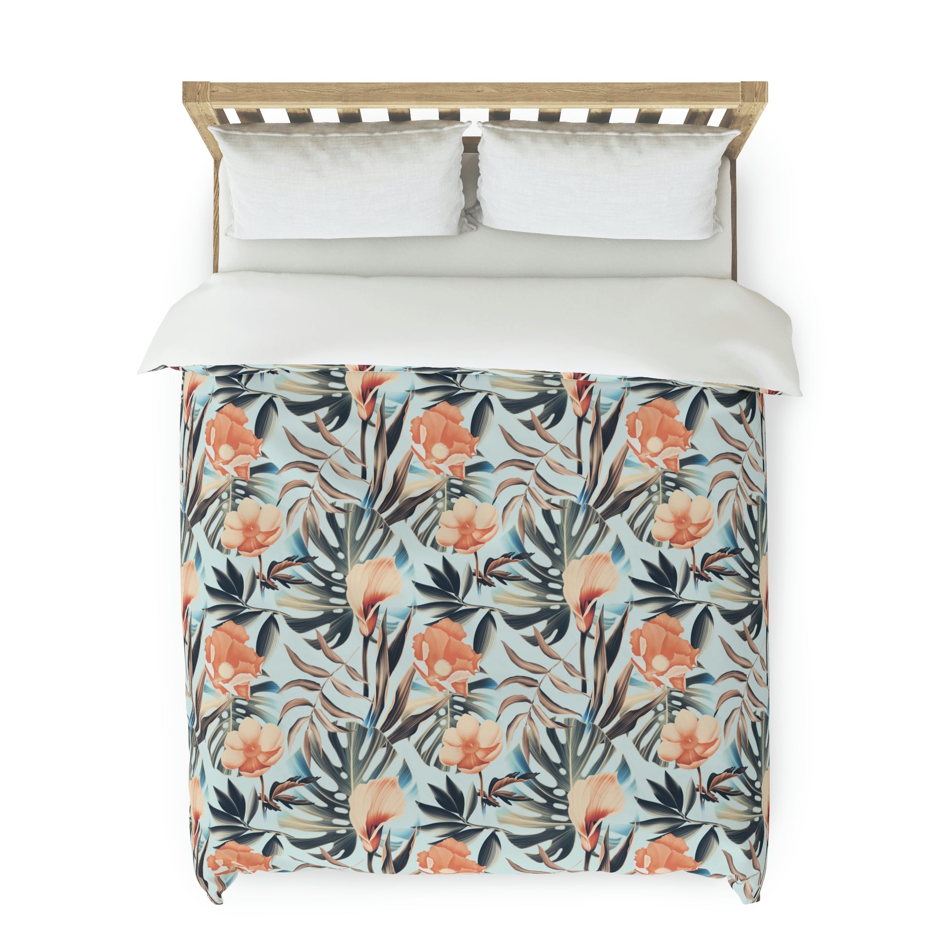 Palm Beach Floral Duvet Cover lying on a bed, microfiber floral duvet cover bedroom accent