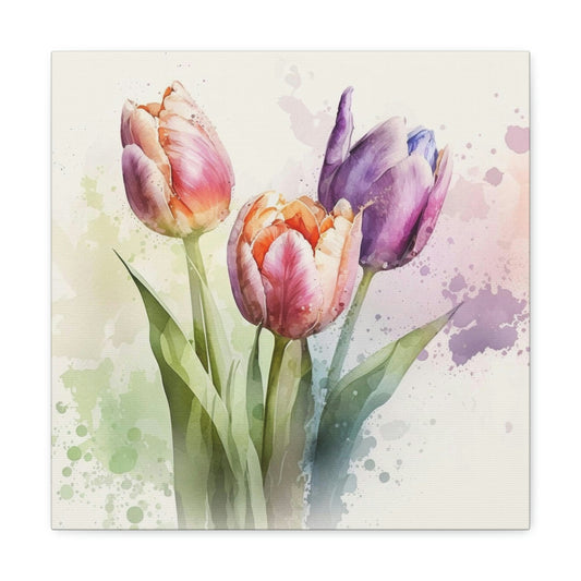 pink and purple tulips on a canvas, purple tulip canvas design, pink tulip canvas art print, watercolor tulip design on canvas