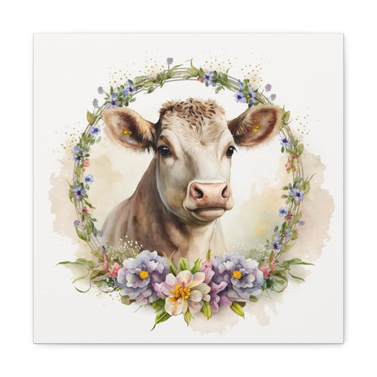 floral cow canvas wall art, watercolor floral cow canvas wall decor