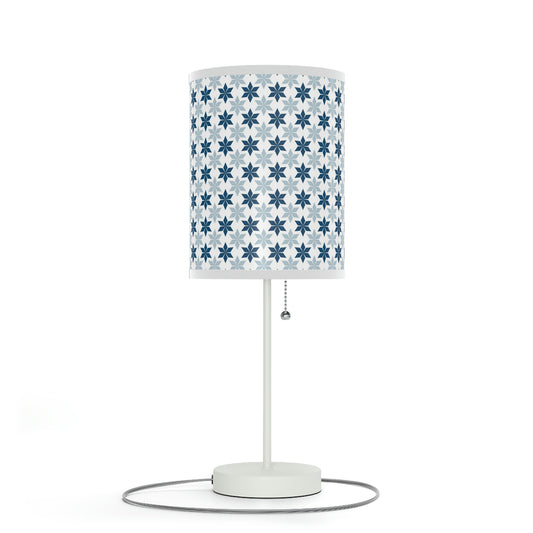 blue and gray star pattern nursery table lamp