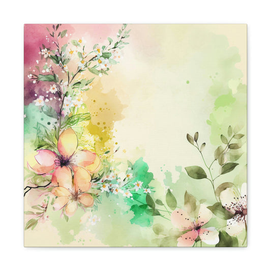 pink and green floral canvas wall art print, watercolor floral wall decor