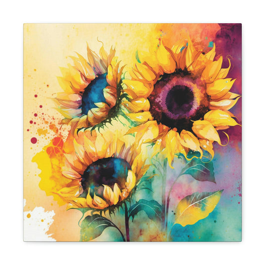 watercolor sunflower canvas wall art, sunflower canvas art, rainbow watercolor sunflower art print