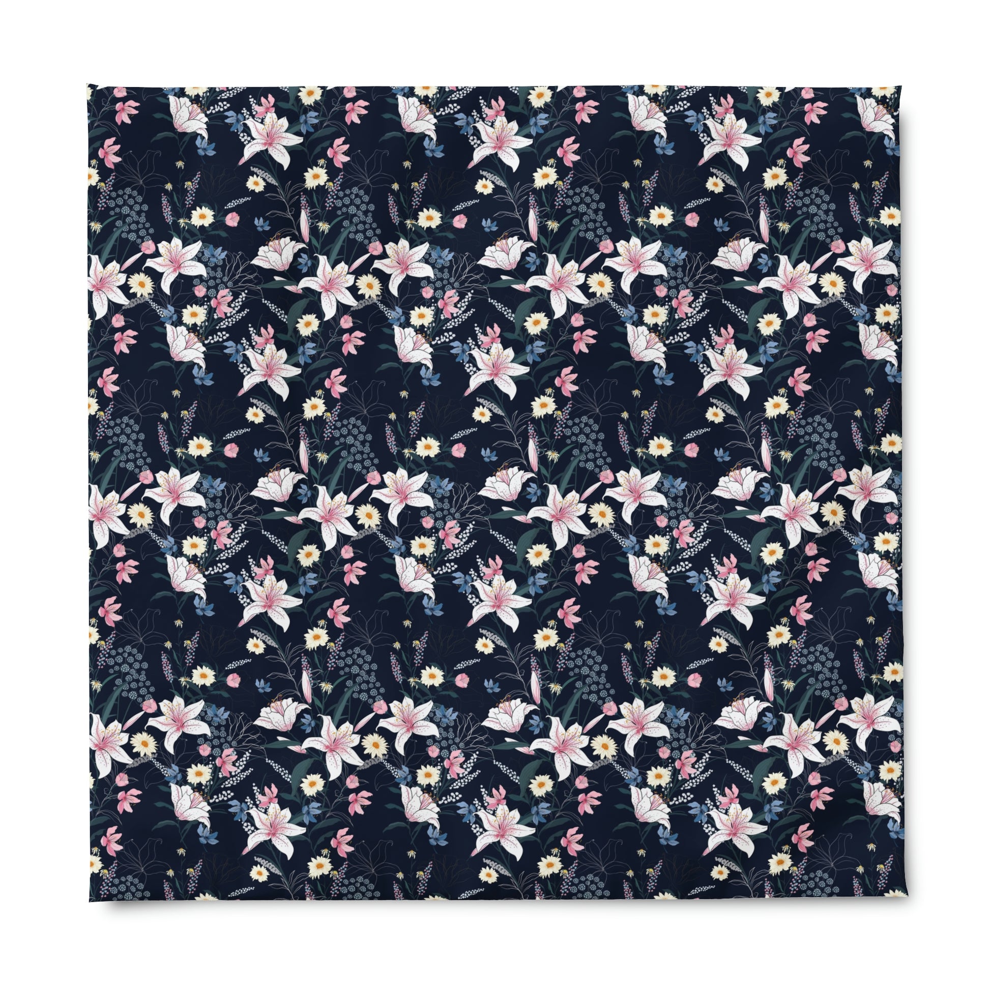 navy Blue & Pink Floral Pattern Duvet Cover lying on a bed, microfiber duvet cover bedroom accent
