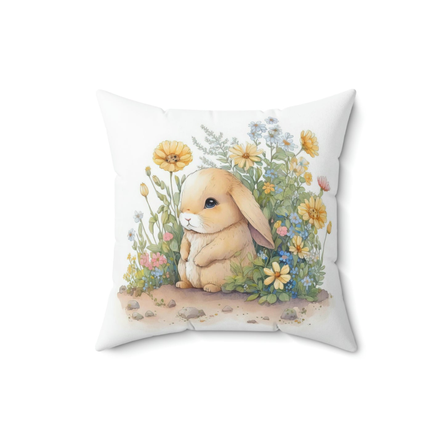 bunny accent throw pillow sitting on couch, square floral bunny pattern throw pillow on sofa or armchair, floral bunny spring room decoration