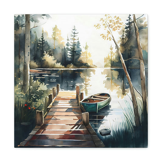 riverboat on the water at the dock canvas art print hanging on a wall, riverboat canvas wall decor in a coastal theme living room, boat canvas decor on an easel