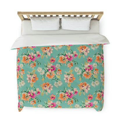 Mint Green Pink Orange Floral Pattern Duvet lying on a bed, microfiber floral duvet cover bedroom accent