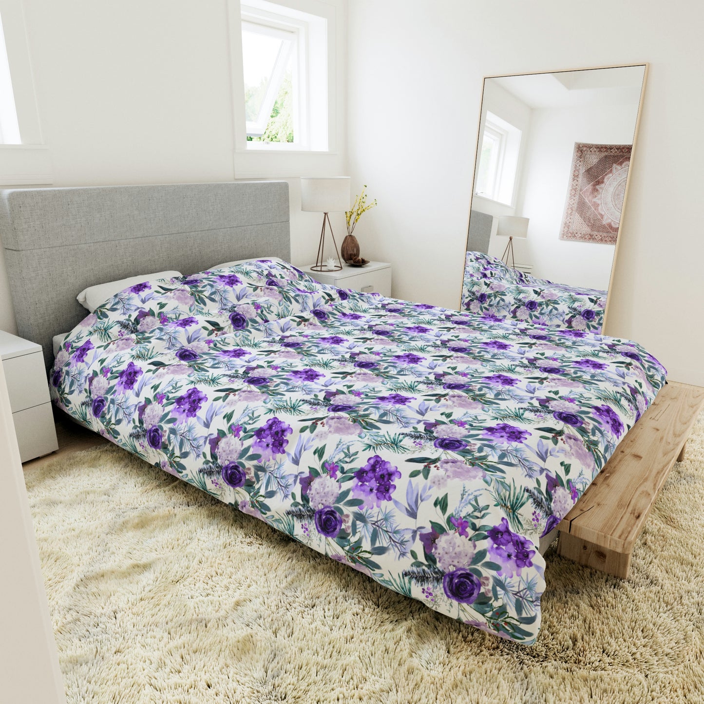Watercolor Purple Floral Pattern Duvet lying on a bed, microfiber floral duvet cover bedroom accent