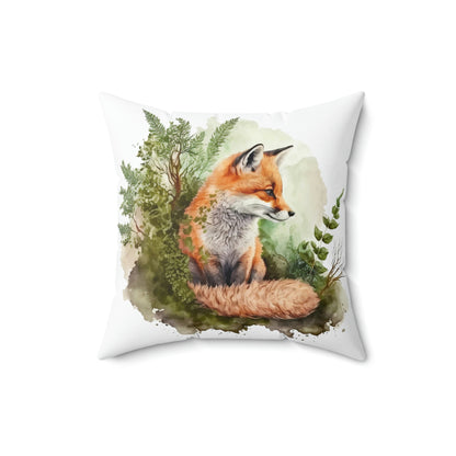 woodland fox watercolor design on an accent throw pillow, fox theme throw pillow sitting on a living room couch, fox inspired home decor, orange fox watercolor painting throw pillow sitting on a chair