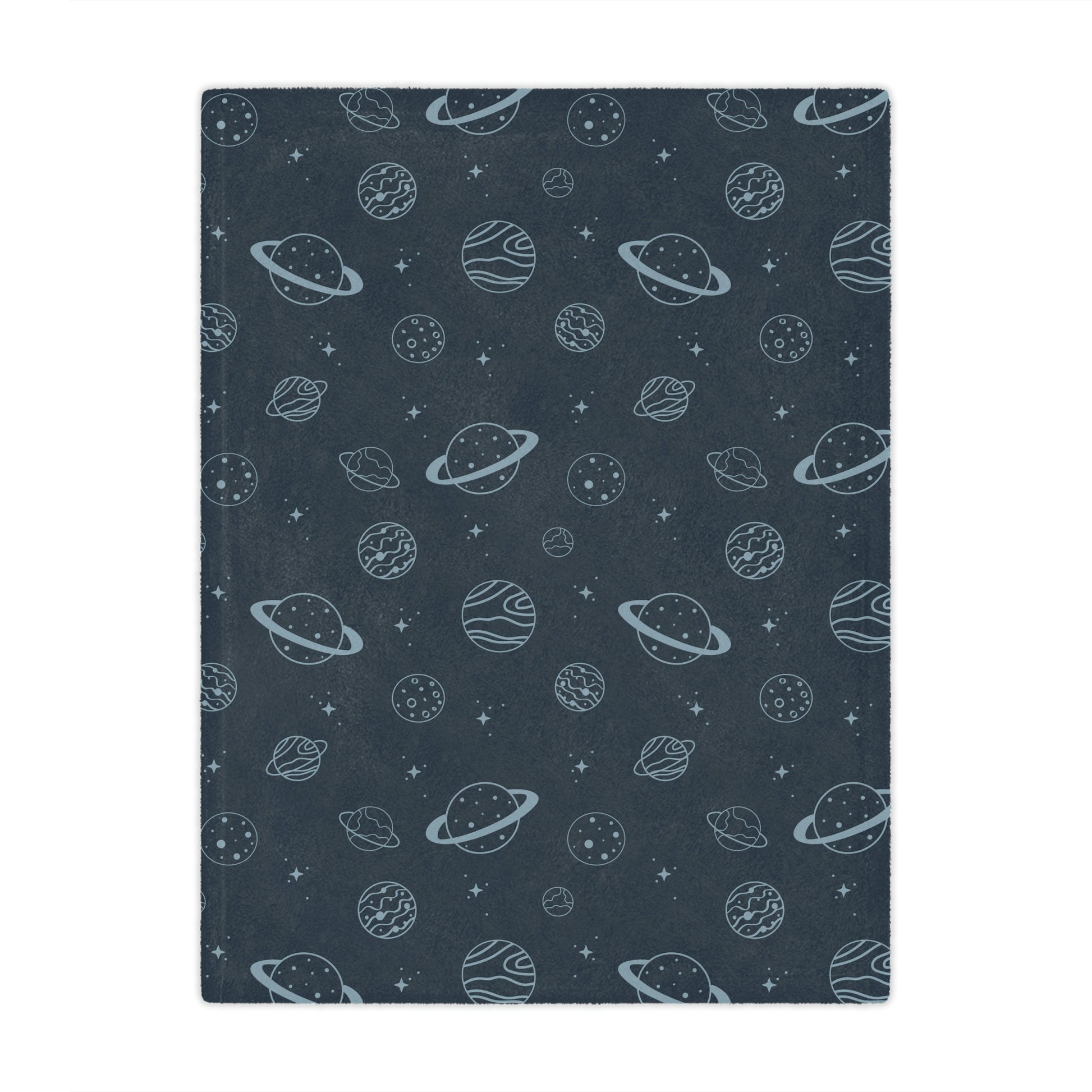 planet theme blanket in a space theme nursery or childs playroom bed, blue space theme throw blanket on a bed in a planet inspired room