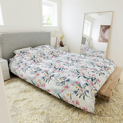 Pink & Yellow Floral Pattern Duvet lying on a bed, microfiber floral duvet cover bedroom accent