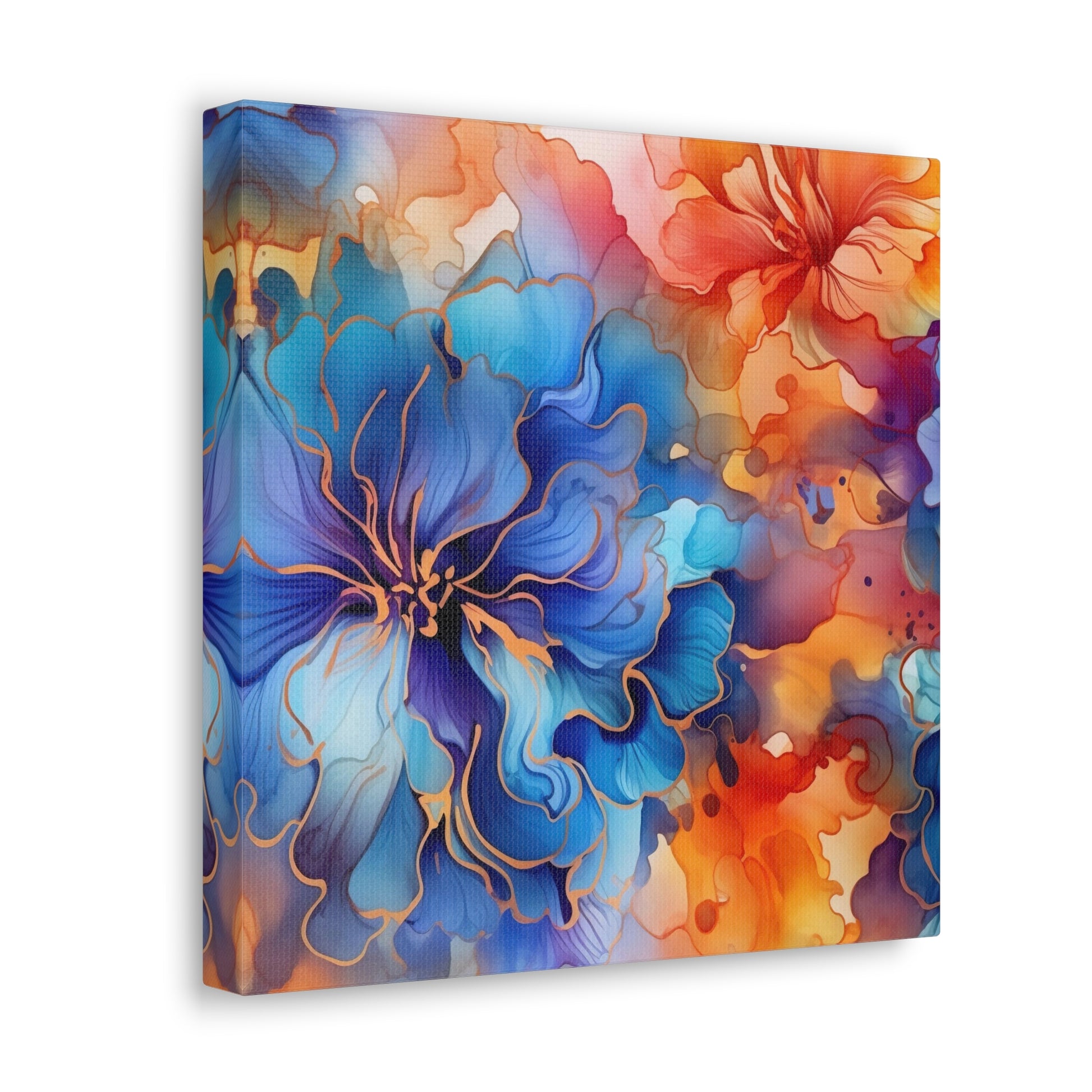 blue and orange marble ink canvas, orange and blue abstract floral canvas decor, orange fluid ink canvas, blue alcohol ink canvas 
