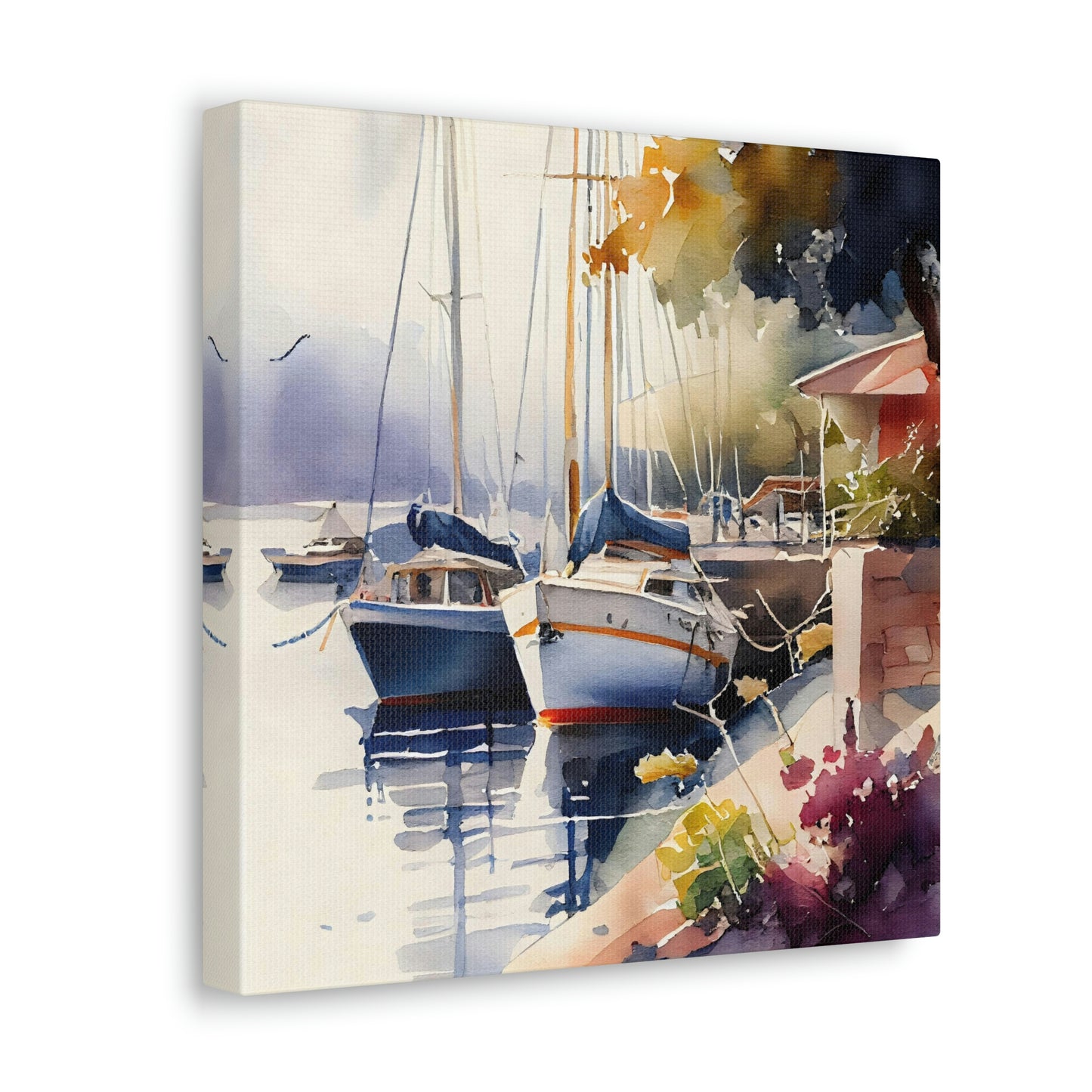 yachts on the ocean canvas art print on an easel, sailboat canvas art print in a nautical theme room, bold colorful canvas with watercolor boats on it, watercolor ocean with boats canvas wall decoration in a living room