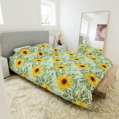 Green & Yellow Sunflower Floral Pattern Duvet cover lying on a bed, microfiber floral duvet cover bedroom accent
