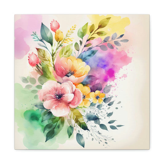 pink and yellow floral canvas art, watercolor floral canvas wall decor 