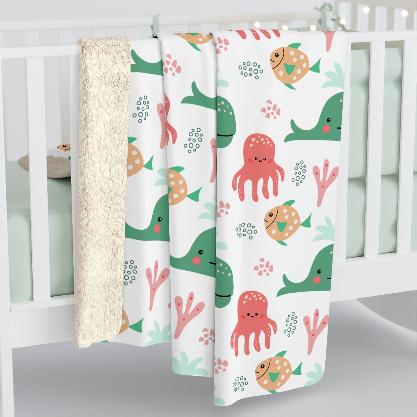 octopus sherpa blanket, ocean animal baby nursery sherpa blanket, fish sherpa blanket