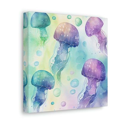 purple and green jellyfish canvas wall art, blue ocean jellyfish canvas with watercolor design, purple watercolor jellyfish art print on canvas 