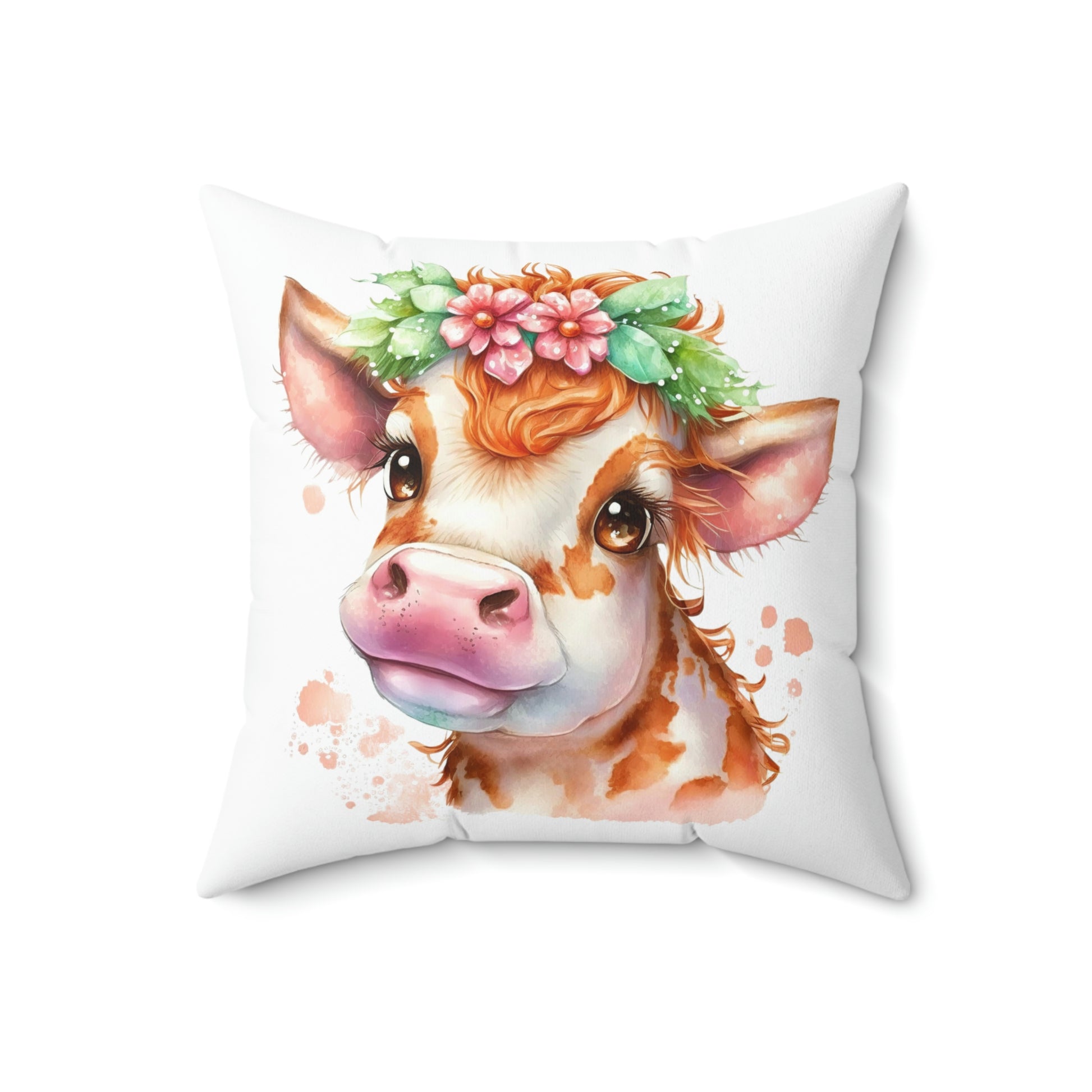 cow pillow for your cow theme room decor, floral cow pattern accent throw pillow, cow throw pillow sitting on a couch or chair, watercolor cow print pillow