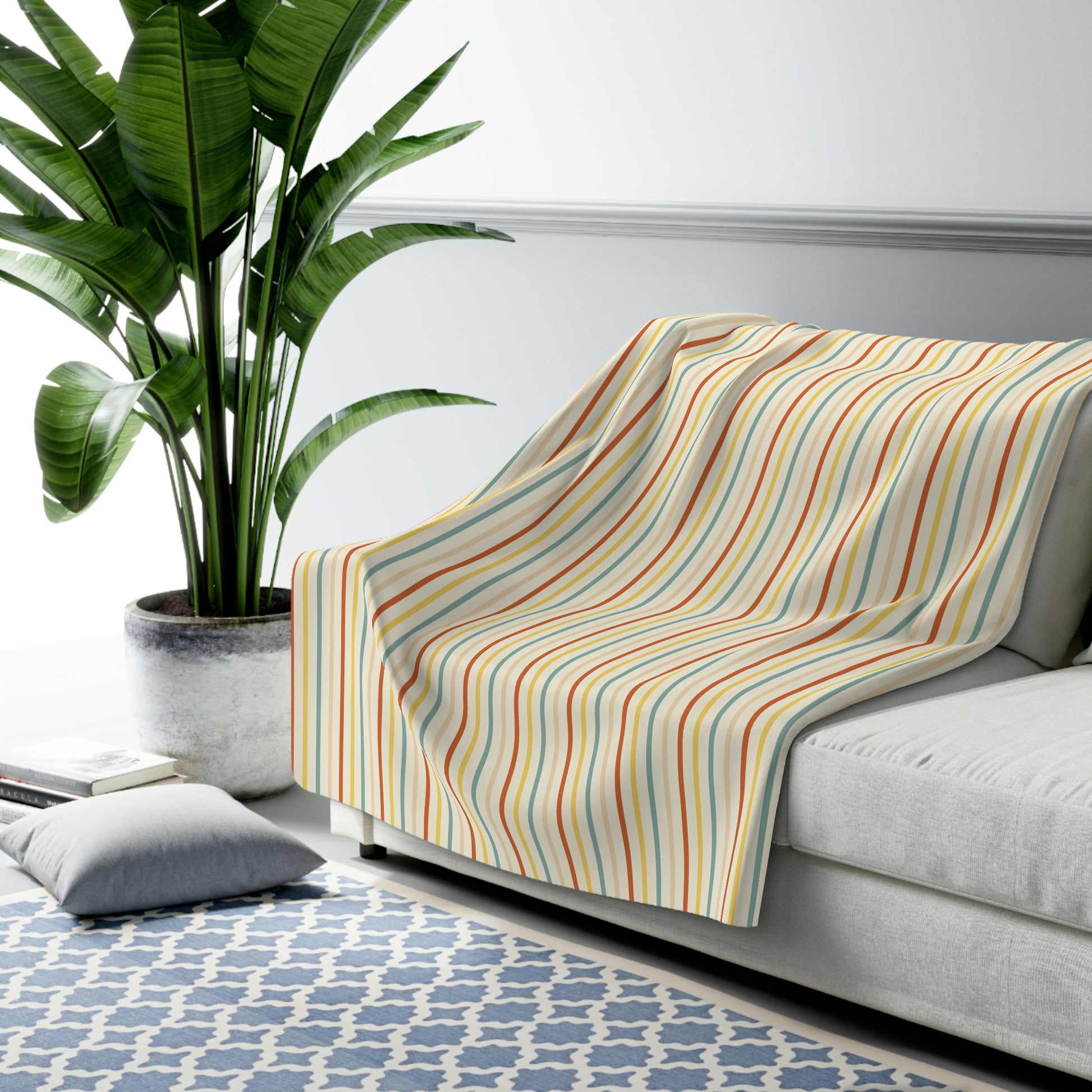 multicolor striped sherpa blanket, sherpa blanket with retro stripe design