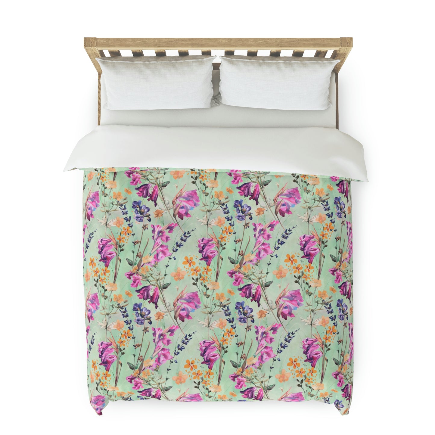 Mint Green & Purple Floral Pattern Duvet Cover lying on a bed, microfiber duvet cover bedroom accent