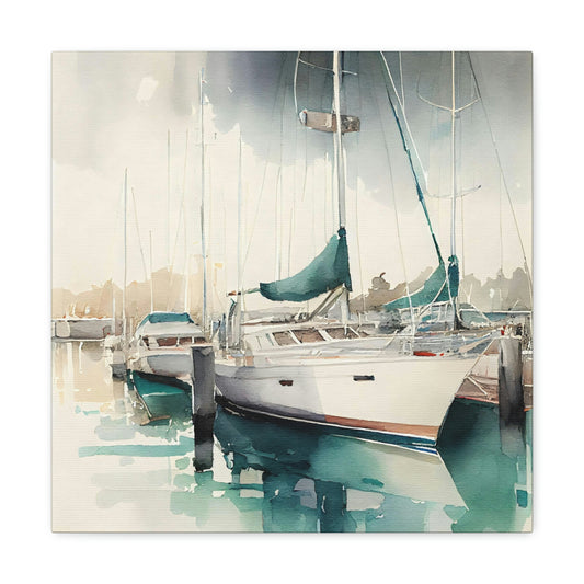 yacht on the water canvas art print in a studio, sailboat canvas wall art hanging on a living room wall, ocean theme boat canvas displayed in a nautical theme room