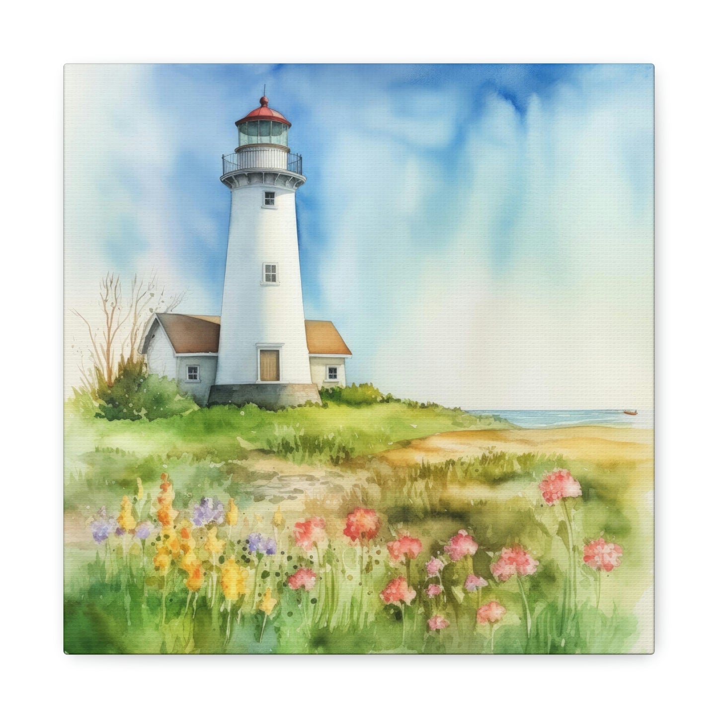 lighthouse by the sea canvas wall art, floral field view of lighthouse wall decor, lighthouse canvas art