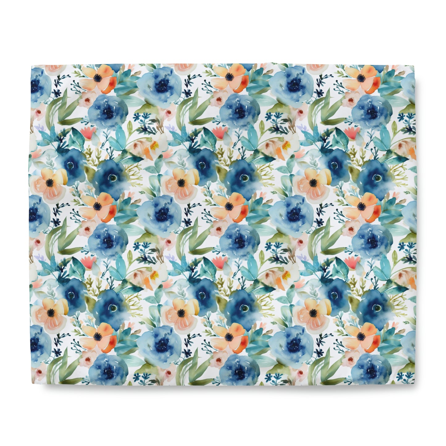 orange floral duvet cover, blue floral duvet cover, duvet cover with watercolor flowers on it