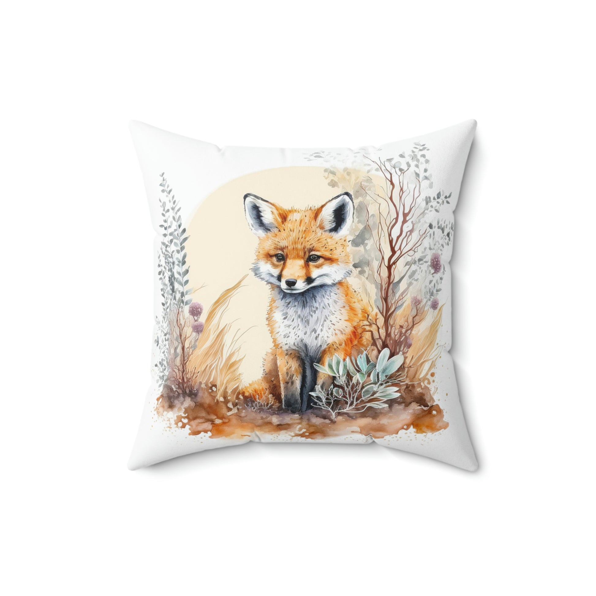 woodland fox throw pillow sitting on a couch, chair or lounger, decorate your woodland theme room with a watercolor fox accent throw pillow