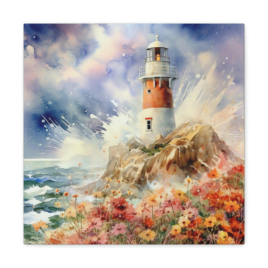 nautical lighthouse wall art print, floral lighthouse canvas wall decor