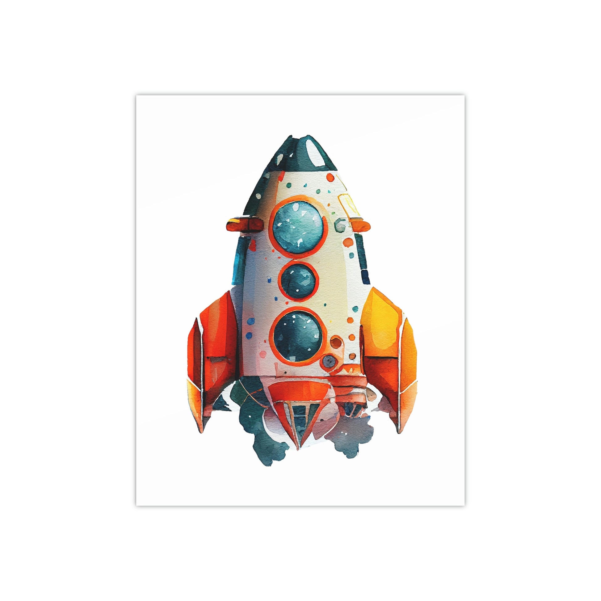 blue and orange rocket ship poster wall art, space theme poster