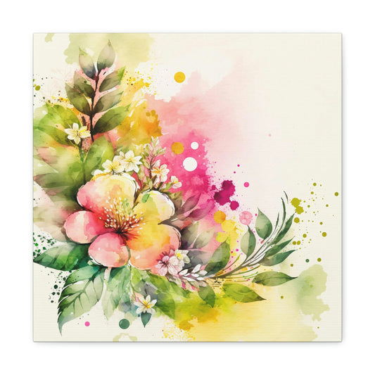 pink and yellow floral canvas art, watercolor floral canvas wall decor