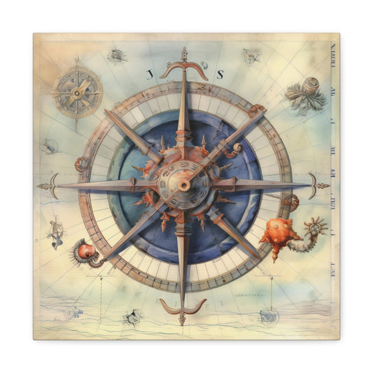 Blue Vintage Compass Canvas Art - Nautical Compass Canvas Wall Hanging