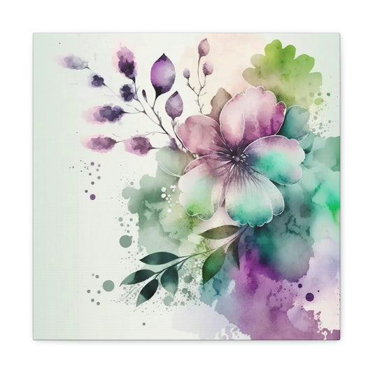 purple and green watercolor floral canvas art, purple floral canvas wall decor