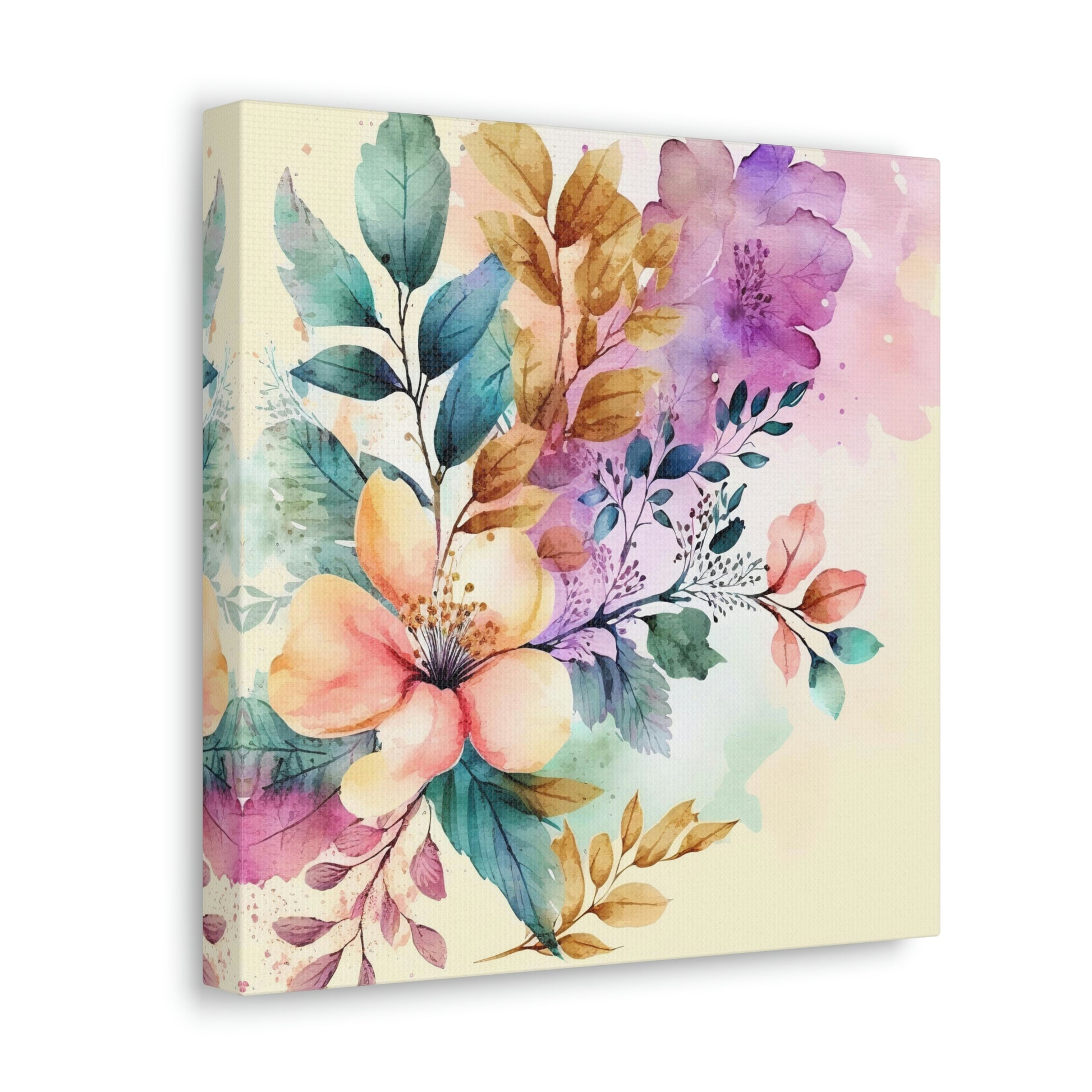 pink and purple floral canvas art print, watercolor floral canvas wall decor