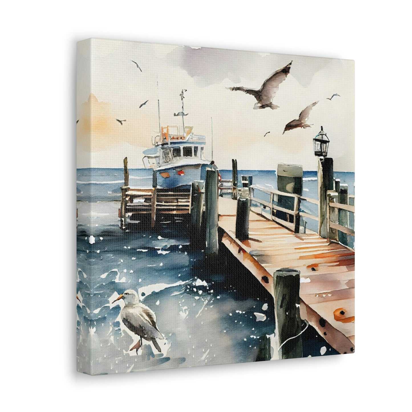 coastal vibe yacht on the water canvas art print, nautical theme seagull design canvas wall decoration on an easel, ocean inspired boat canvas in a room