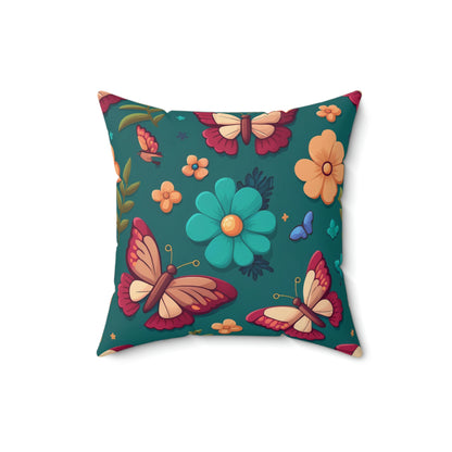 Red Butterfly Blue floral accent throw pillow on a couch, Red Butterfly Blue botanical couch pillow on a chair, Red Butterfly Blue floral pattern pillow on a lounger, Red Butterfly Blue spring garden floral decorative pillow on a bed