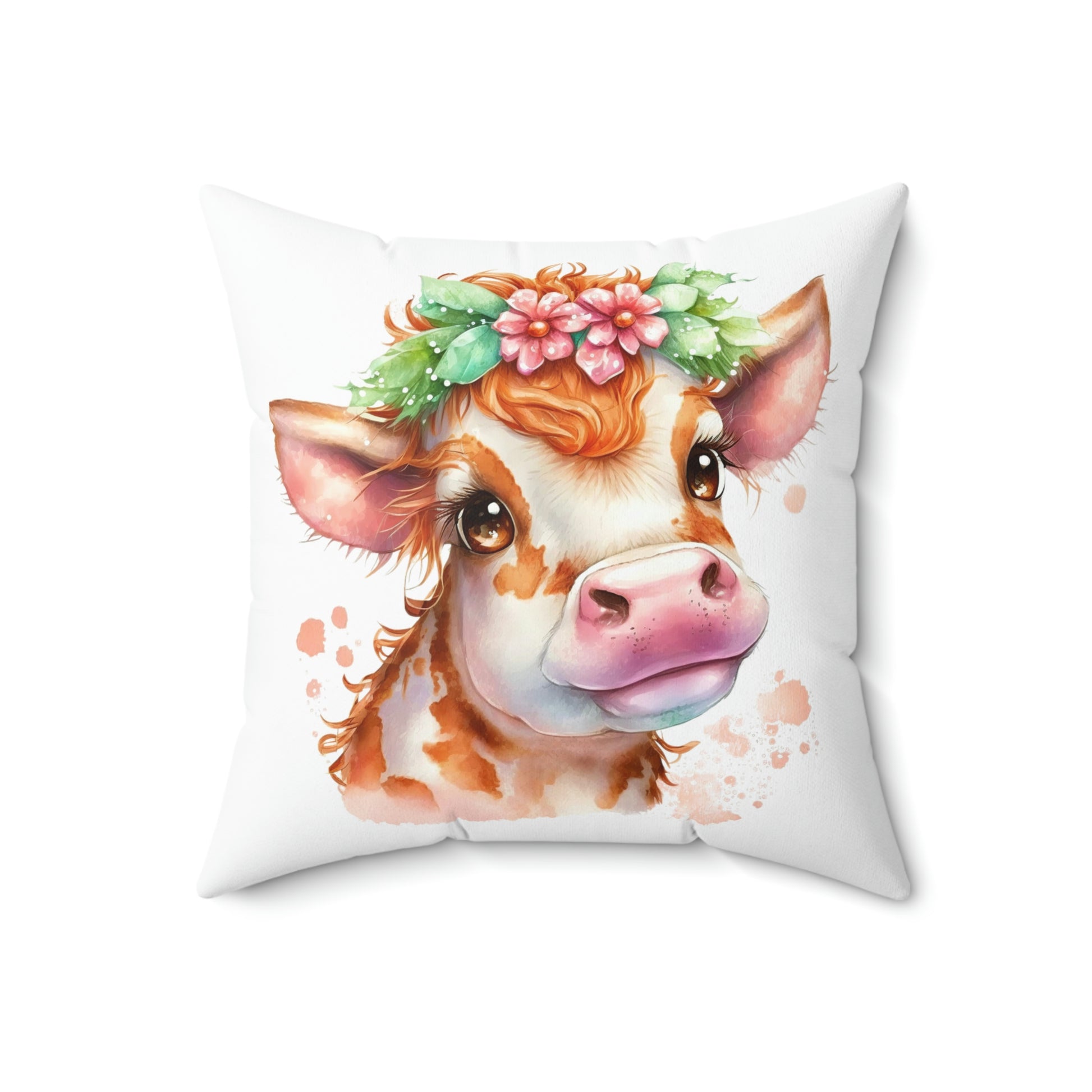 cow pillow for your cow theme room decor, floral cow pattern accent throw pillow, cow throw pillow sitting on a couch or chair, watercolor cow print pillow