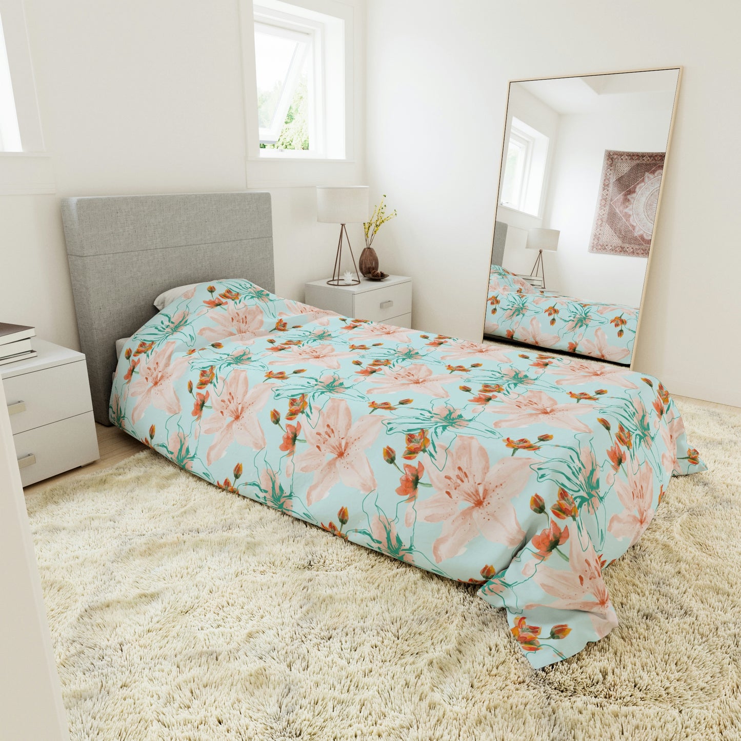 Pink and Blue Daffodils Floral Pattern Duvet lying on a bed, microfiber floral duvet cover bedroom accent