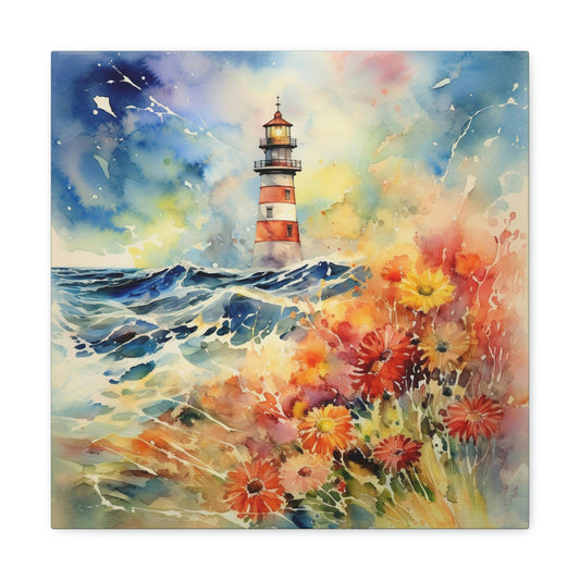 floral lighthouse canvas wall decor, coastal lighthouse canvas wall art